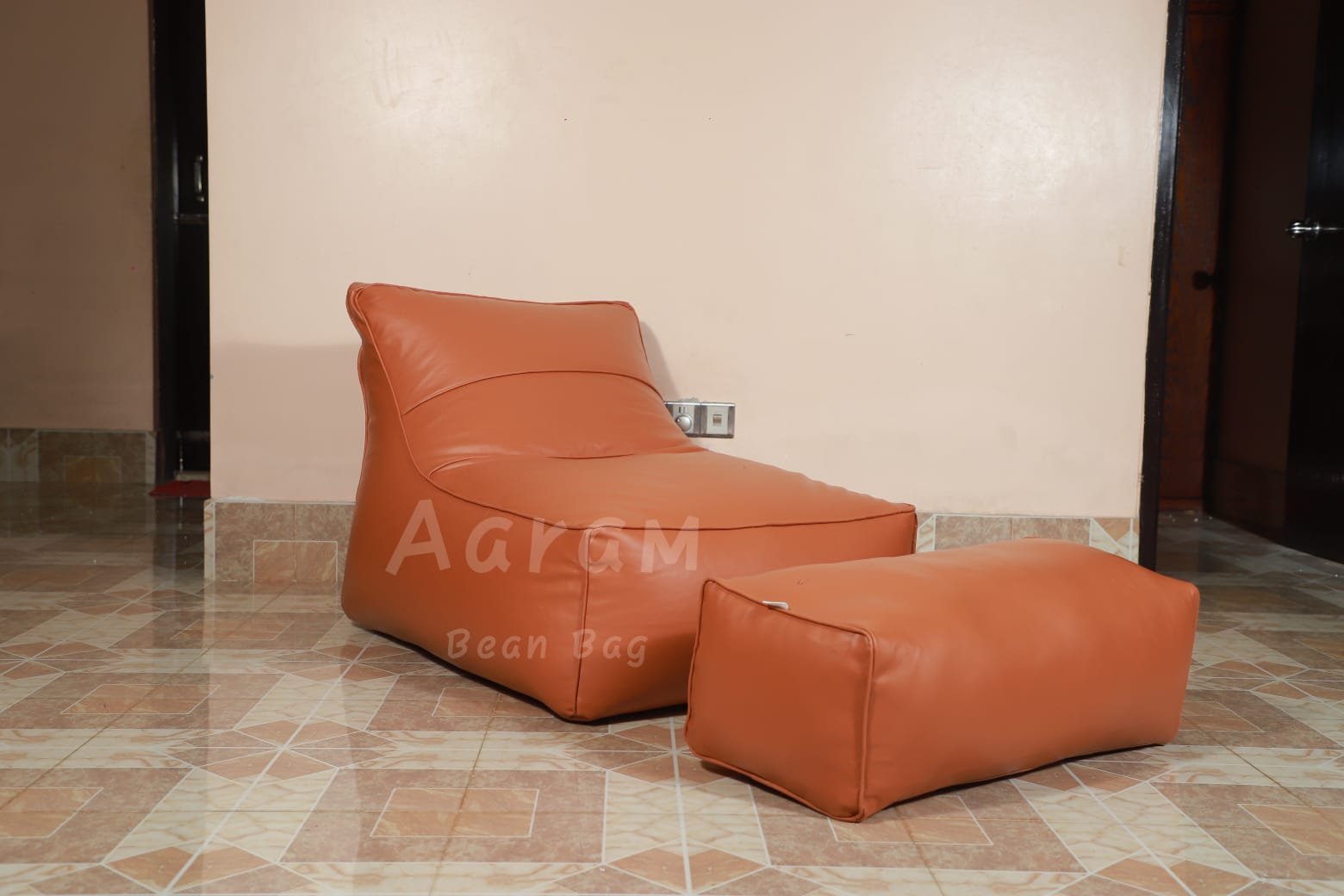 Faux Leather Lounge Chair Bean Bag with Footrest - Varnish - Image 2