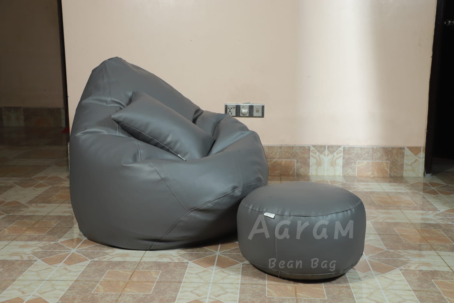 Faux Leather Xxxl Pear Shape 3pcs Combo Bean Bag - Ash